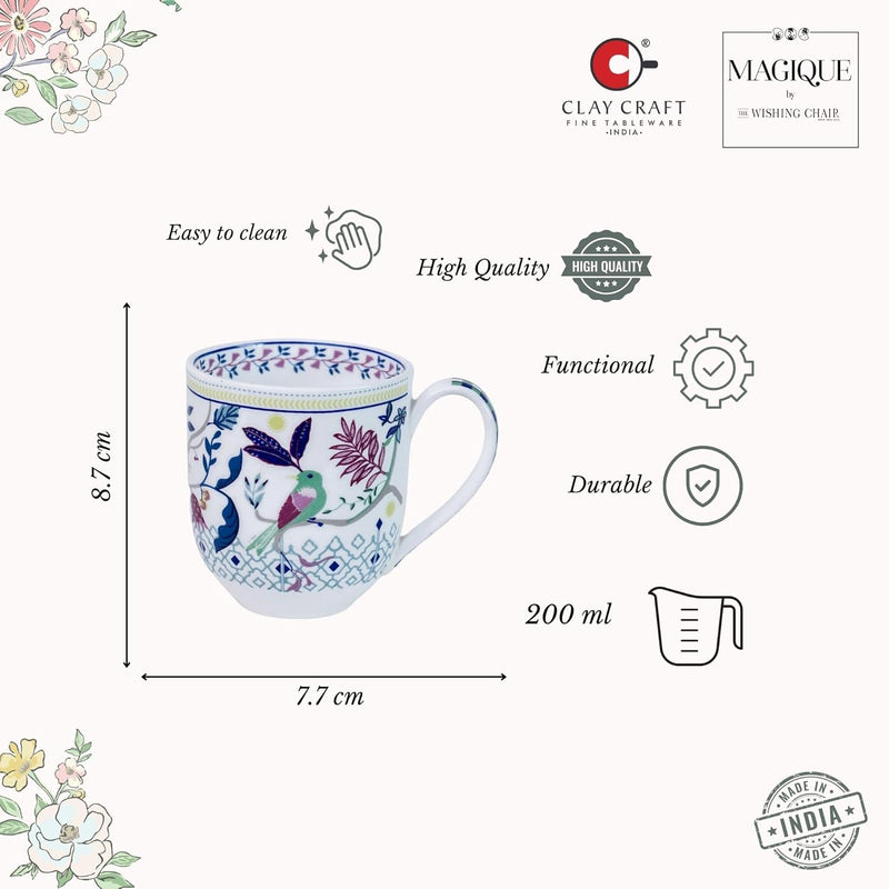 Magique by The Wishing Chair x ClayCraft : Parrot Tulip Garden Coffee Mugs Set of 6 – 250 ml Bone China Tea Cups | Floral Ceramic Mugs | Lightweight Durable Microwave & Dishwasher Safe