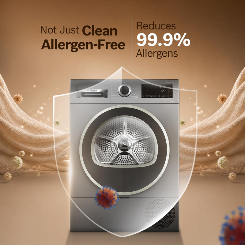 Bosch 9 kg Front Load Fully-Automatic Heat Pump Tumble Dryer, 100% Drying, 5 Drying Options, Reduces 99.9% Allergens, Re