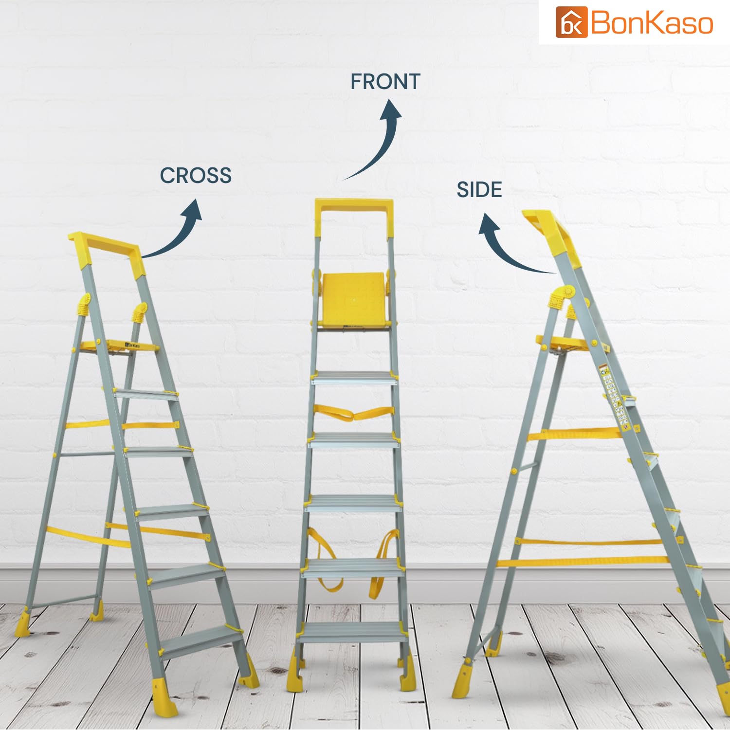 BonKaso Climb Lite Pro+ 6 Step - Foldable Ladder with Tool Tray (125W x 185H Cm)| Heavy-Duty, Anti-Slip & Firm Grip, Load Capacity Upto 120kg | Durable & Portable (Aluminium Steps, Yellow & Satin)