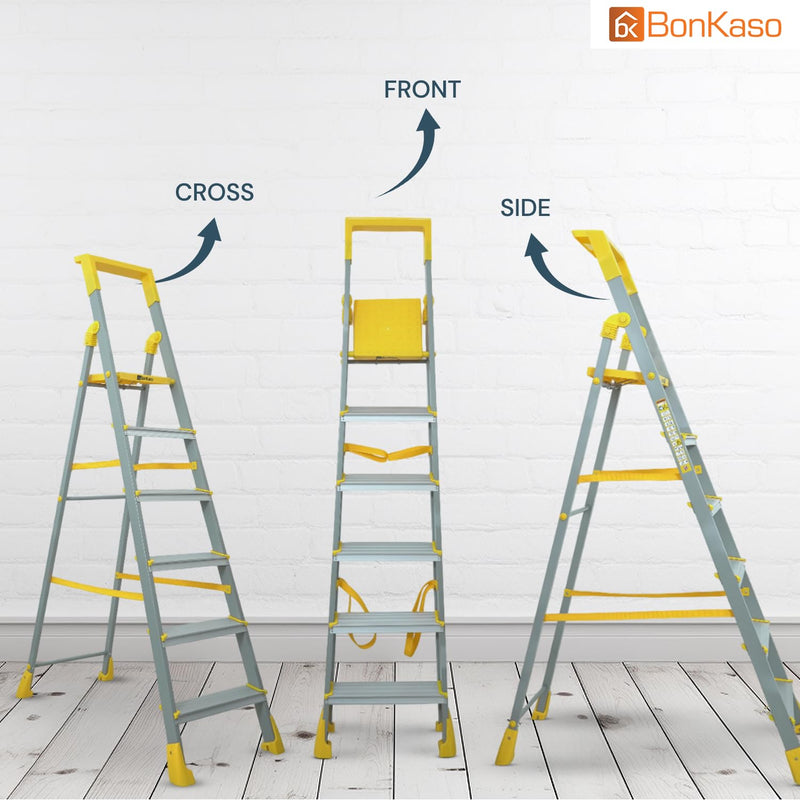 BonKaso Climb Lite Pro+ 6 Step - Foldable Ladder with Tool Tray (125W x 185H Cm)| Heavy-Duty, Anti-Slip & Firm Grip, Load Capacity Upto 120kg | Durable & Portable (Aluminium Steps, Yellow & Satin)