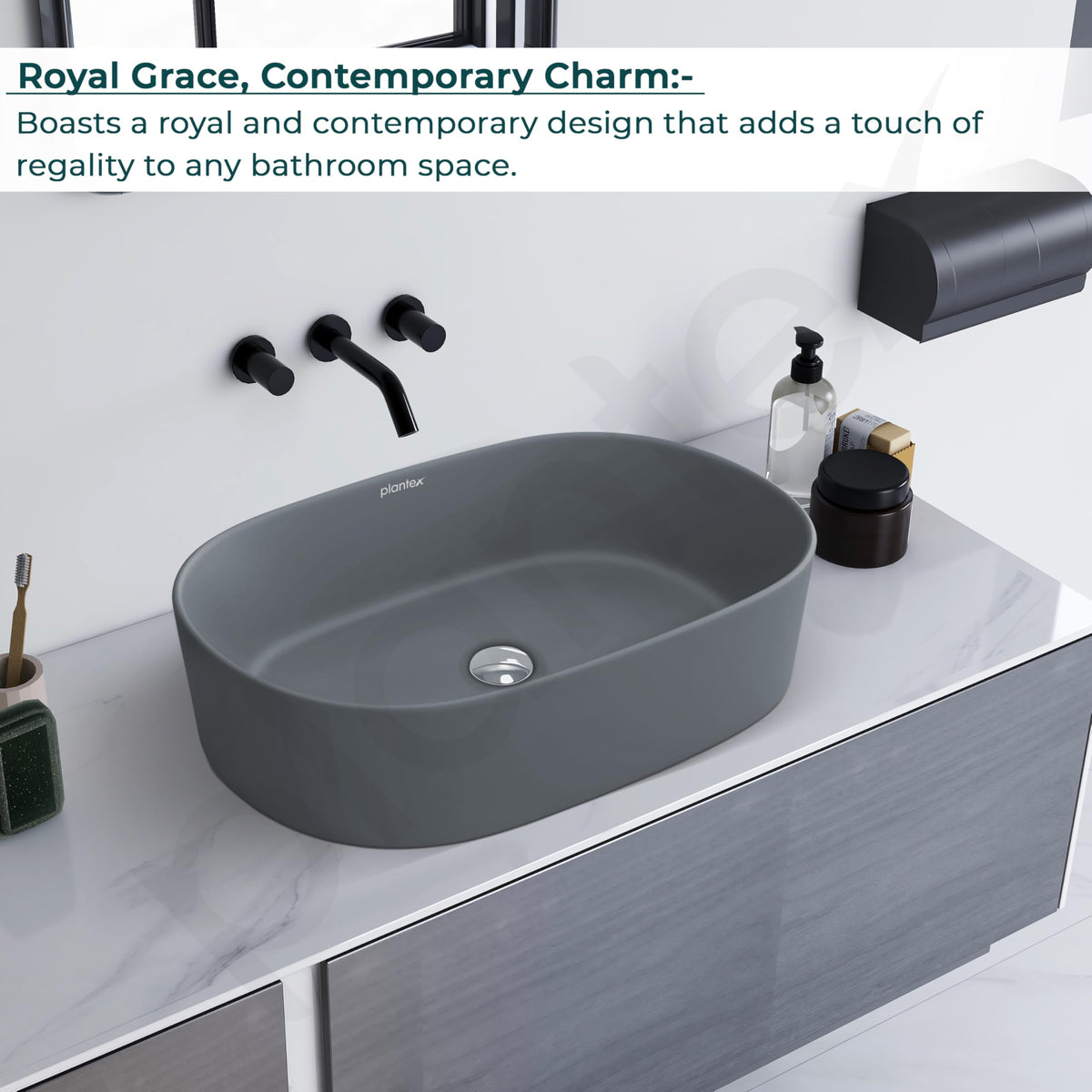 Plantex Ceramic Wash Basin for Bathroom/Oval Table Top Basin/Countertop Vessel Sink for Home/Hotel (22 x 14 x 6 inch - Cloud Grey)-5