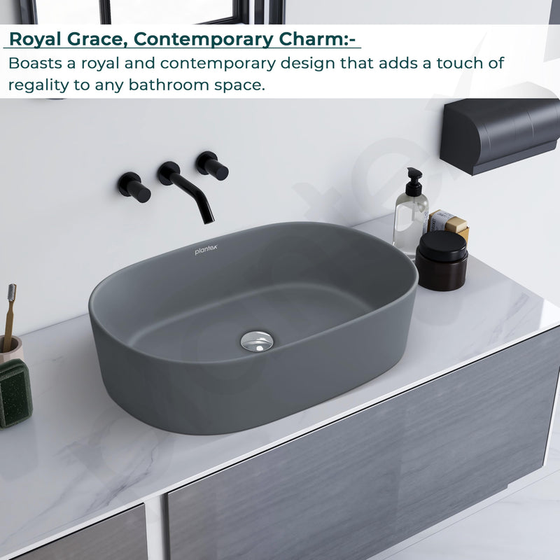 Plantex Ceramic Wash Basin for Bathroom/Oval Table Top Basin/Countertop Vessel Sink for Home/Hotel (22 x 14 x 6 inch - Cloud Grey)-5