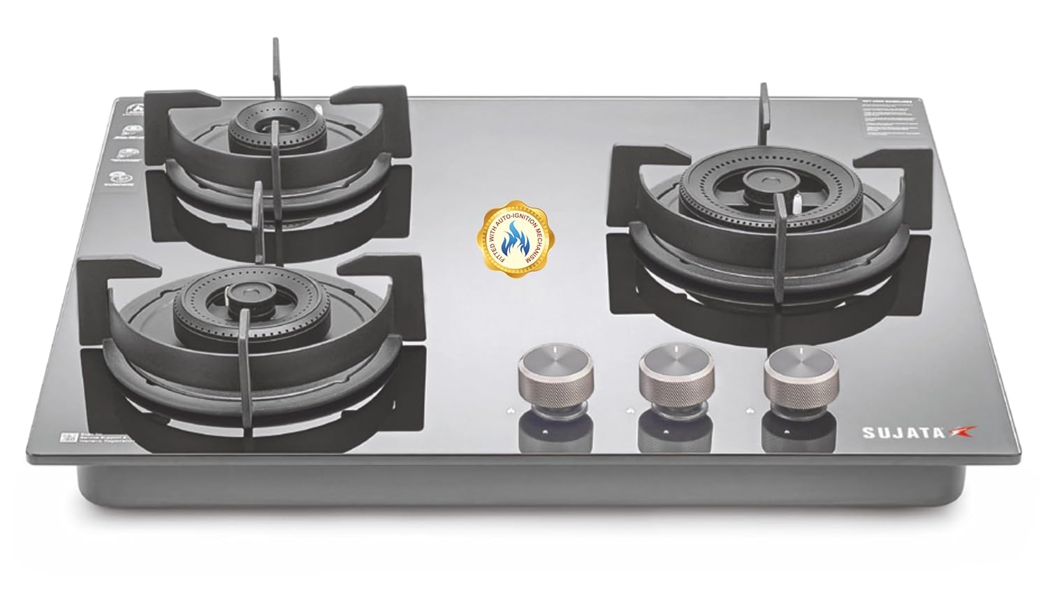 Sujata 3 Burner Gas Stove Glass Top | 5 Years Warranty | Auto Ignition Gas Stove 3 Burner, CookTop cum Hob Top 3 Burners, LPG & PNG Compatible, Brass Burner (Indium Auto Ignition - Black)