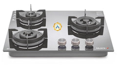 Sujata 3 Burner Gas Stove Glass Top | 5 Years Warranty | Auto Ignition Gas Stove 3 Burner, CookTop cum Hob Top 3 Burners, LPG & PNG Compatible, Brass Burner (Indium Auto Ignition - Black)