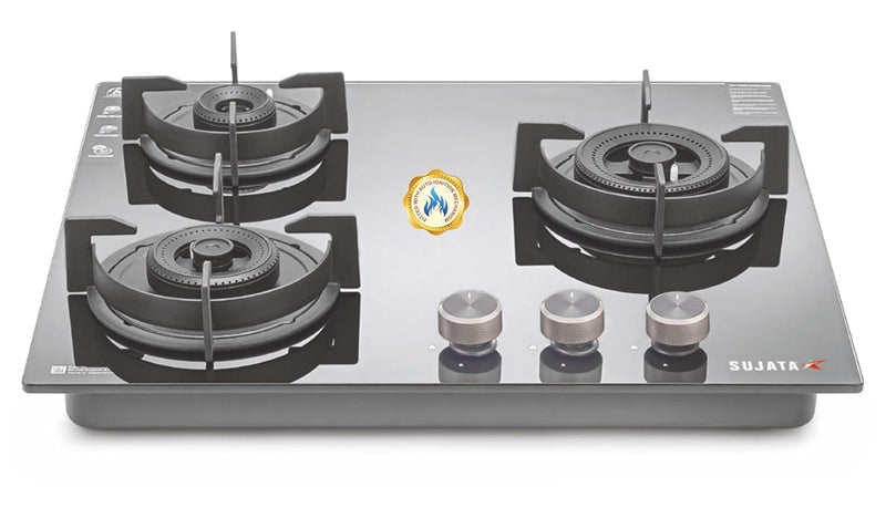 Sujata 3 Burner Gas Stove Glass Top | 5 Years Warranty | Auto Ignition Gas Stove 3 Burner, CookTop cum Hob Top 3 Burners, LPG & PNG Compatible, Brass Burner (Indium Auto Ignition - Black)