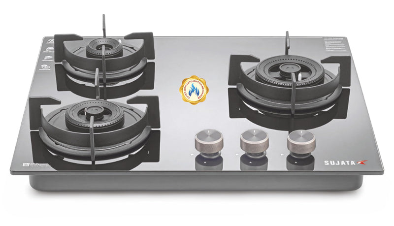 Sujata Hob Gas Stove 4 Burners Glass Top | 5 Years Warranty | 4 Burner Gas Stove Glass Top Auto Ignition, CookTop cum Hob Top, LPG & PNG Compatible, Brass Burner (Indium Auto Ignition - Black)