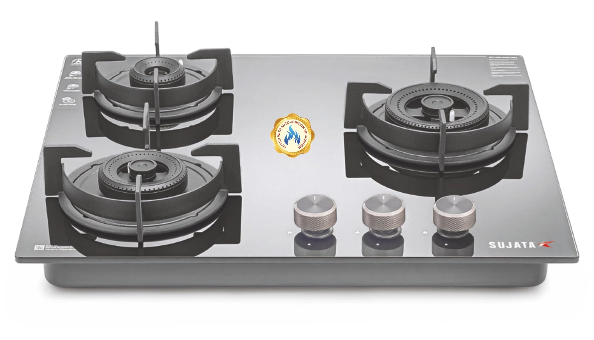 Sujata Hob Gas Stove 4 Burners Glass Top | 5 Years Warranty | 4 Burner Gas Stove Glass Top Auto Ignition, CookTop cum Hob Top, LPG & PNG Compatible, Brass Burner(Palladium FFD Auto Ignition - Black)