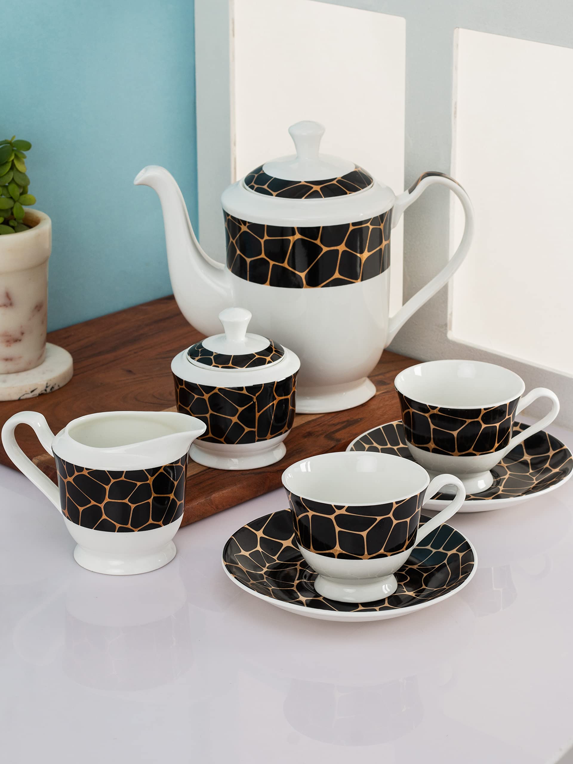Clay Craft Fine Ceramic Tea Set of 15 (1 Tea Pot with Lid +6 Cups+6 Saucers +1 Milk Pot + 1 Sugar Pot) Can be Gifted to Any Ocassion to Your Loved Ones (Design 1 - Floral)