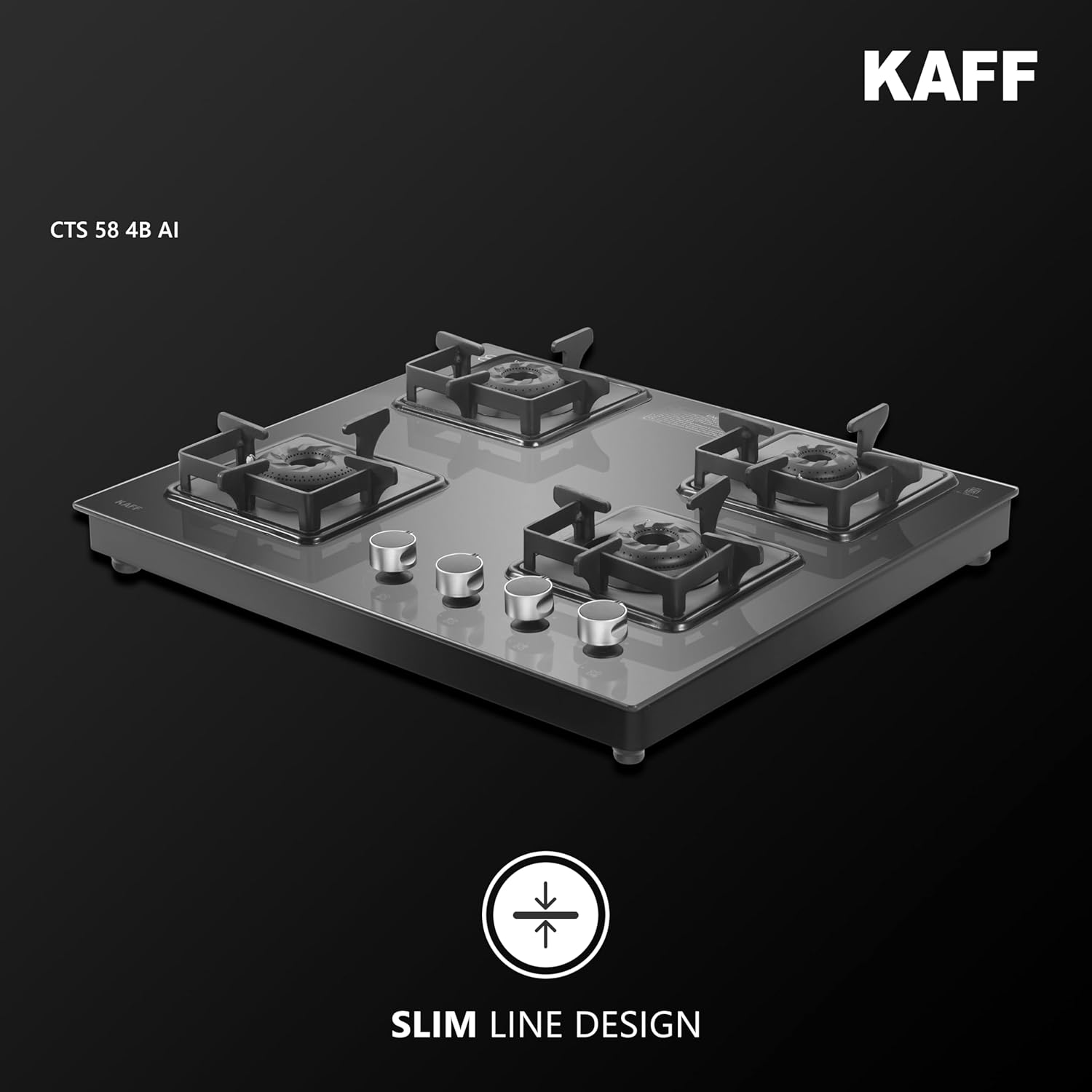 KAFF Gas Stove/Cooktop 4 Burners with Auto Electric Ignition 58 CM, Black Coated Brass Burners, Slim Line Design, Enamelled Pan Support with Integrated Flame Protector (Black) | CTS584BAI |