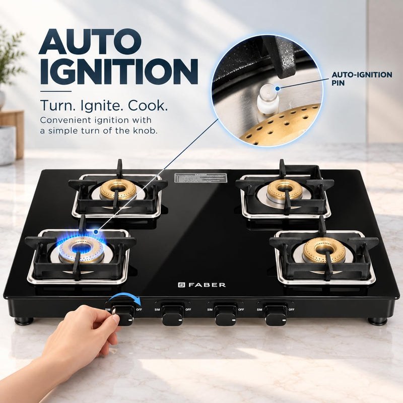 Faber Remo 4 Burner Gas Stove | 1 Jumbo + 1 Medium + 2 Small Brass Burners | Diamond Coated Pan Support | SS Drip Tray |
