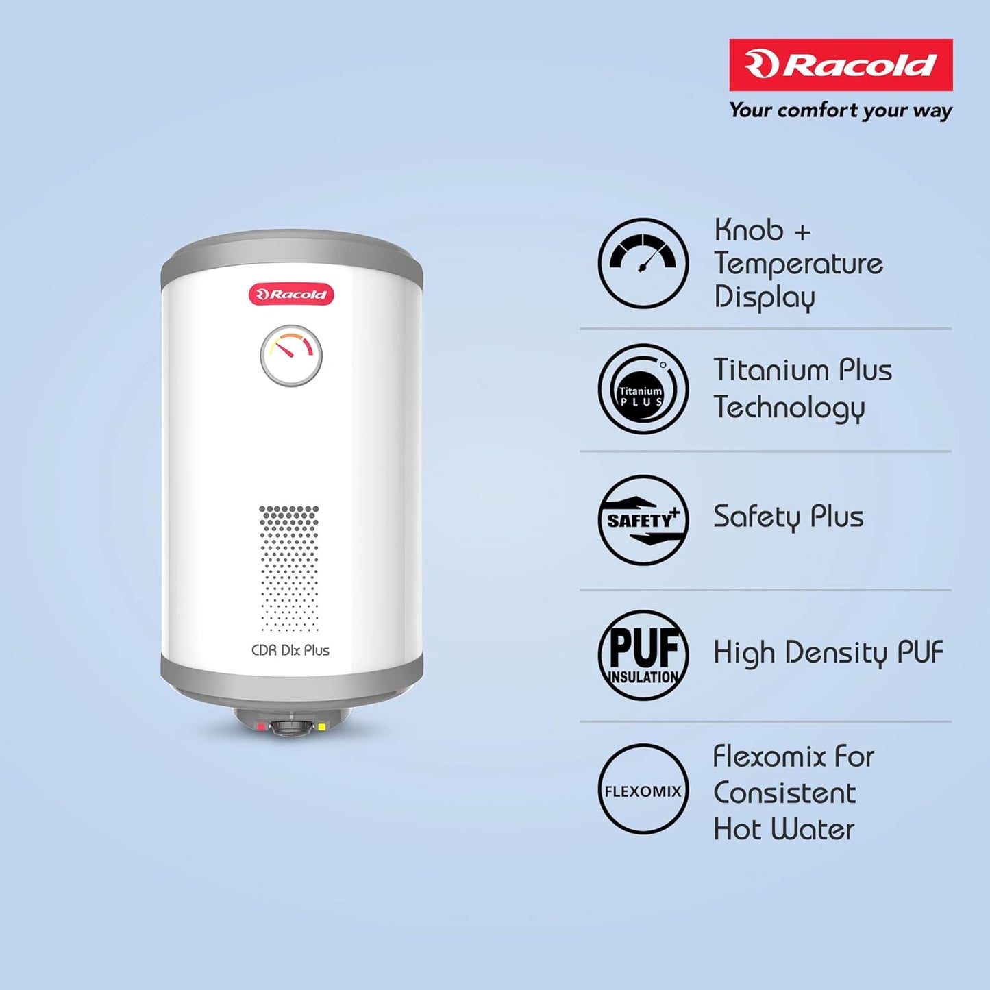Racold CDR DLX Plus 35L Vertical Energy Efficient Storage Water Heater(Geyser) with Free Standard Installation & Pipes | Temperature Display | Temperature Knob | Titanium Enameled Coating