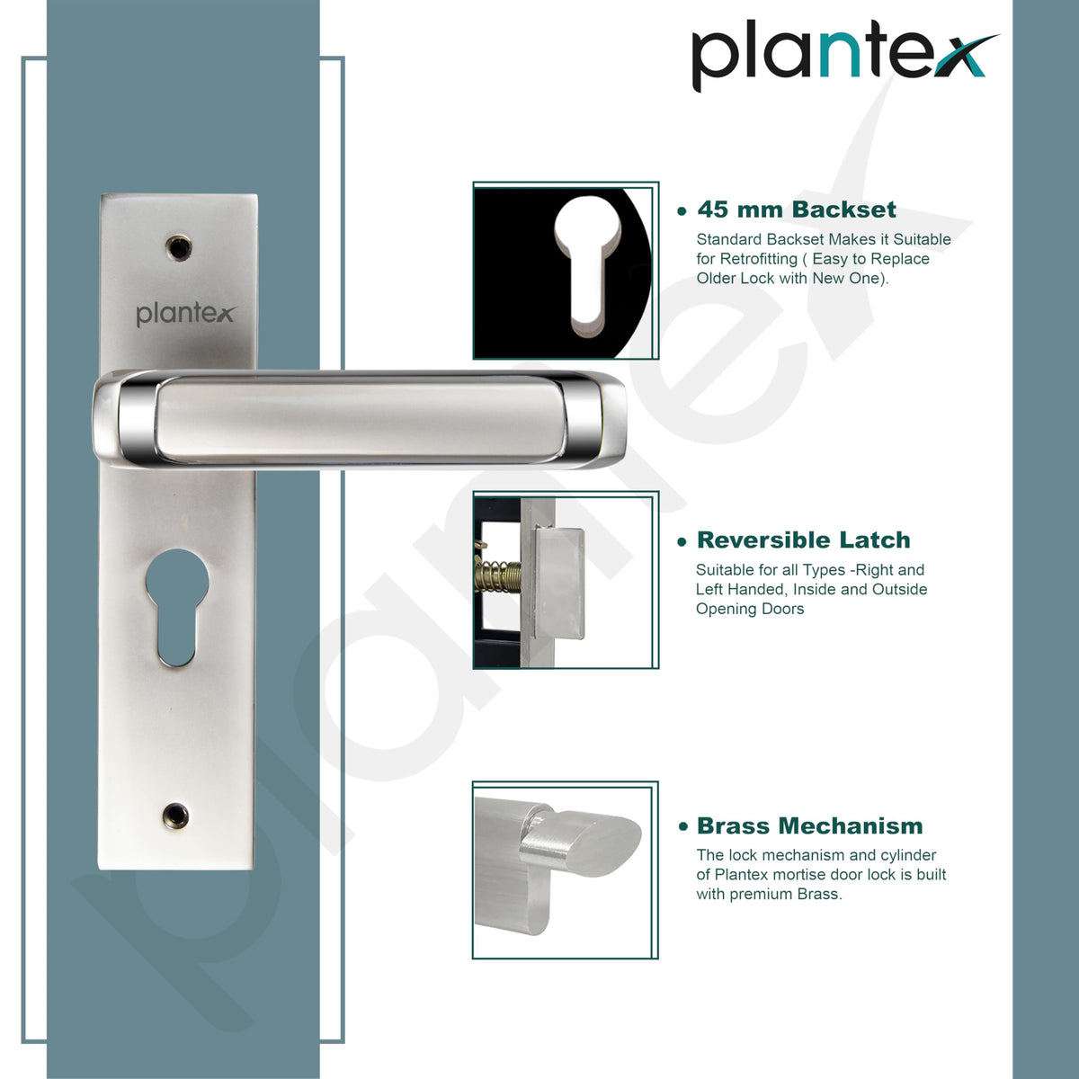 Plantex Heavy-Duty Door Lock Set - Main Door Lock Handle Set/Mortise Lock with 3 Keys, Brass Lock Body & Cylinder (8127 - Satin White & Chrome)-6