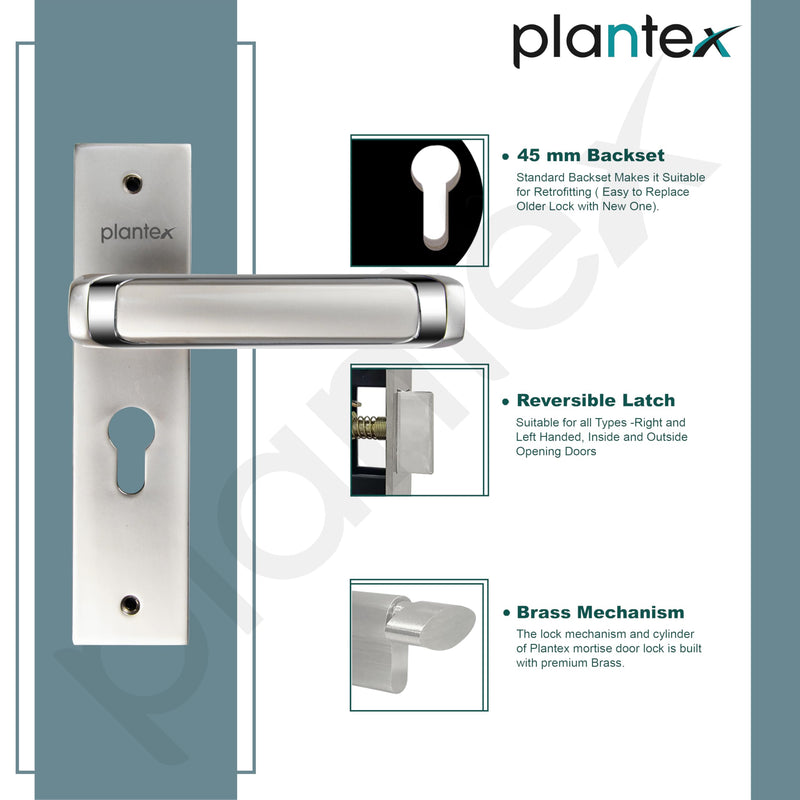 Plantex Heavy-Duty Door Lock Set - Main Door Lock Handle Set/Mortise Lock with 3 Keys, Brass Lock Body & Cylinder (8127 - Satin White & Chrome)-6