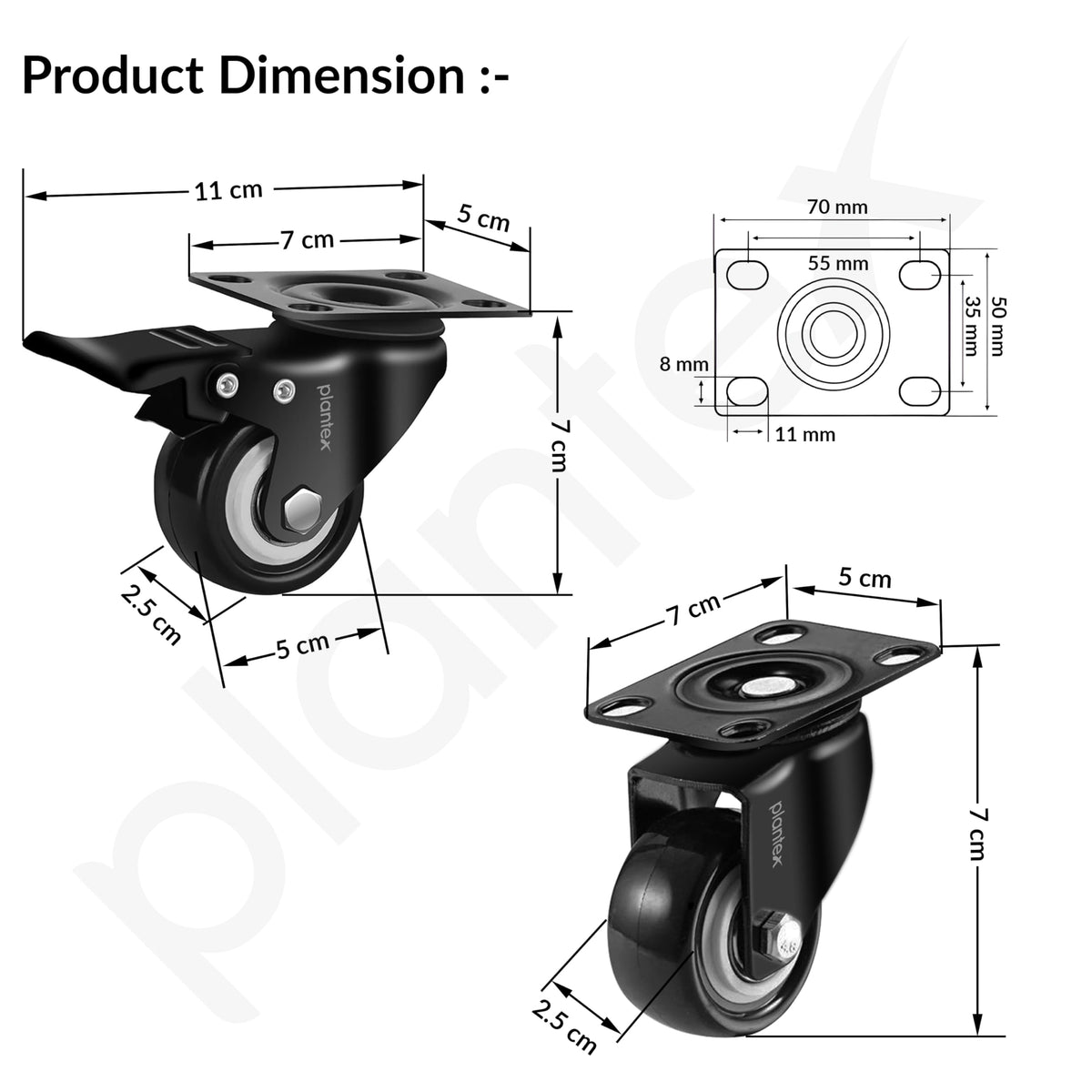 Plantex 2 Inch Caster Wheel/Soft PU Swivel Caster Wheels with 360 Degree and No Noise/Wheels for Furniture/Trolley Cart/Table (Black) - Set of 4 (2 with Brakes & 2 Without)-3