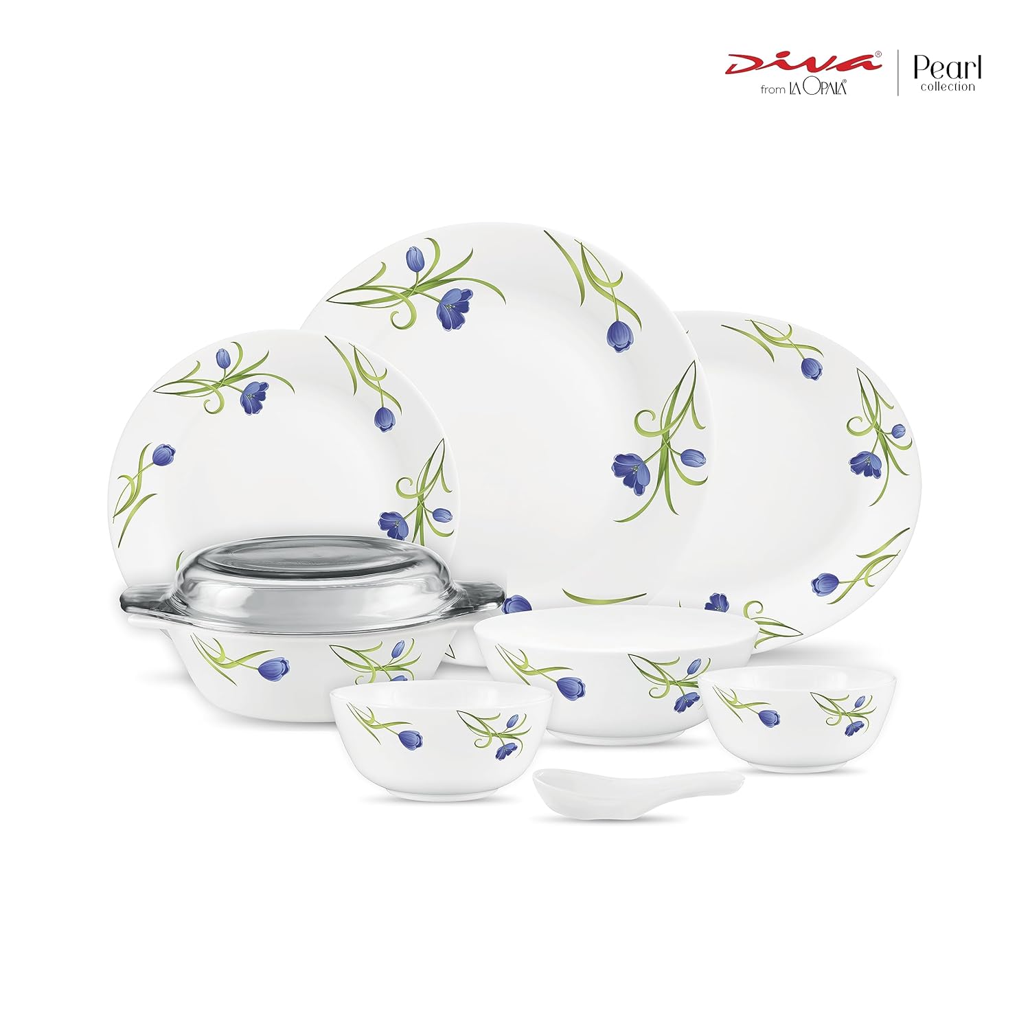 Diva by La Opala, Pearl Collection, Opal Glass Dinner Set 47 pcs, Turquoise Trims, White