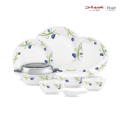 Diva by La Opala, Pearl Collection, Opal Glass Dinner Set 47 pcs, Turquoise Trims, White
