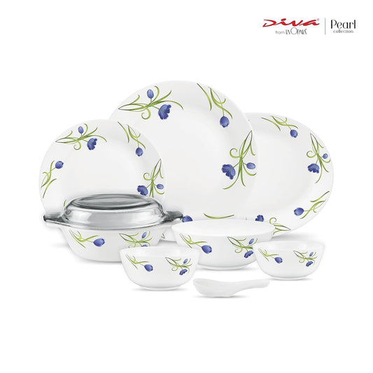Diva by La Opala, Pearl Collection, Opal Glass Dinner Set 47 pcs, Turquoise Trims, White