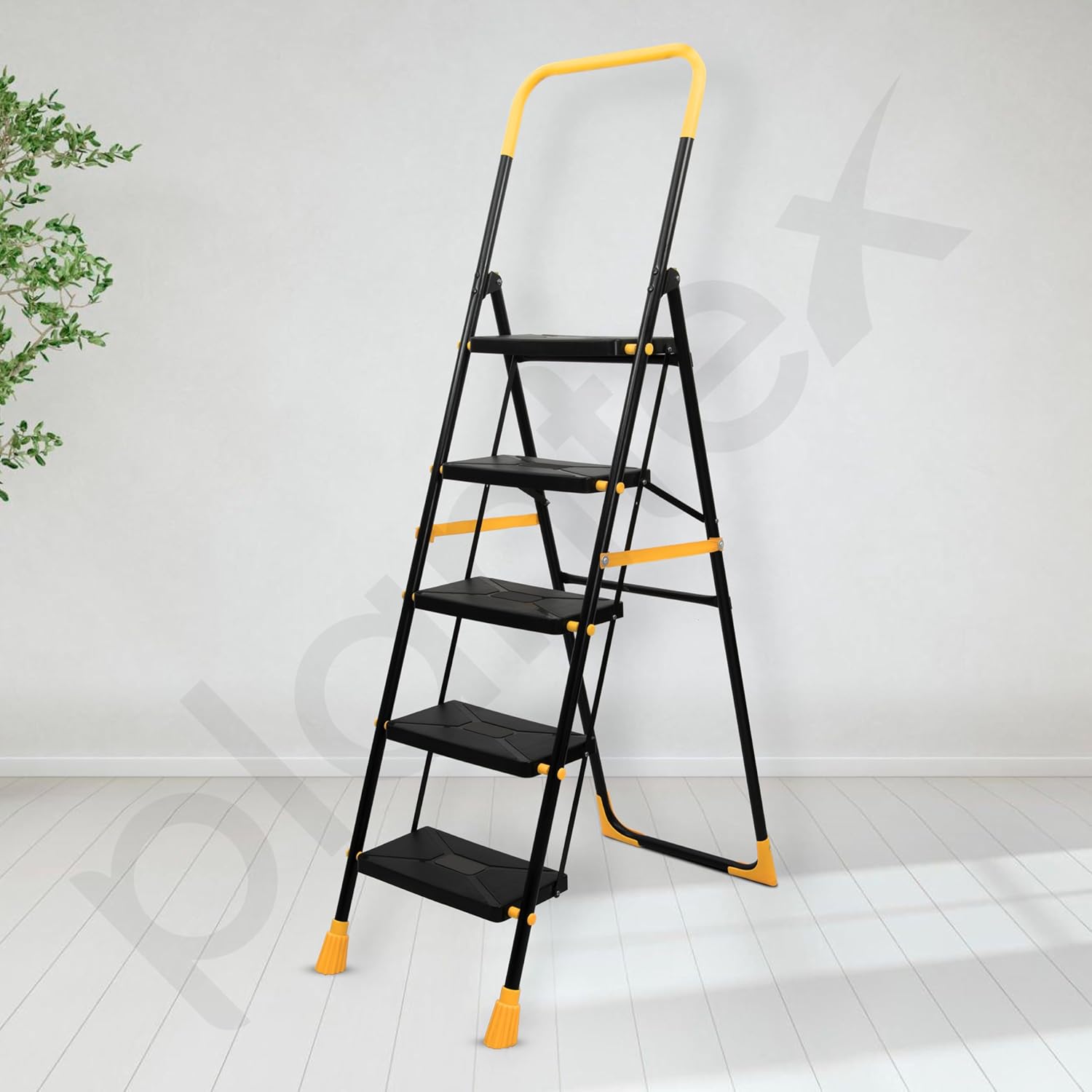 Plantex Premium Steel 5 Step Foldable Ladder for Home use/Folding Step Ladder with Anti Slip Steps and PVC Shoes/Portable ladders with Knee Guard Protection (Yellow & Black)