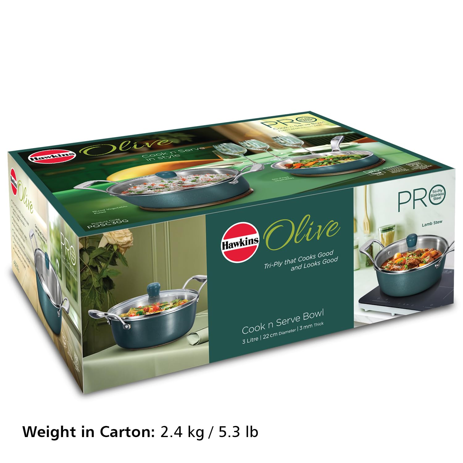 Hawkins Olive Pro 3 Litre Cook n Serve Bowl, Triply Stainless Steel Pan with Stainless Steel Handles and Glass Lid, Green (POSC30G)