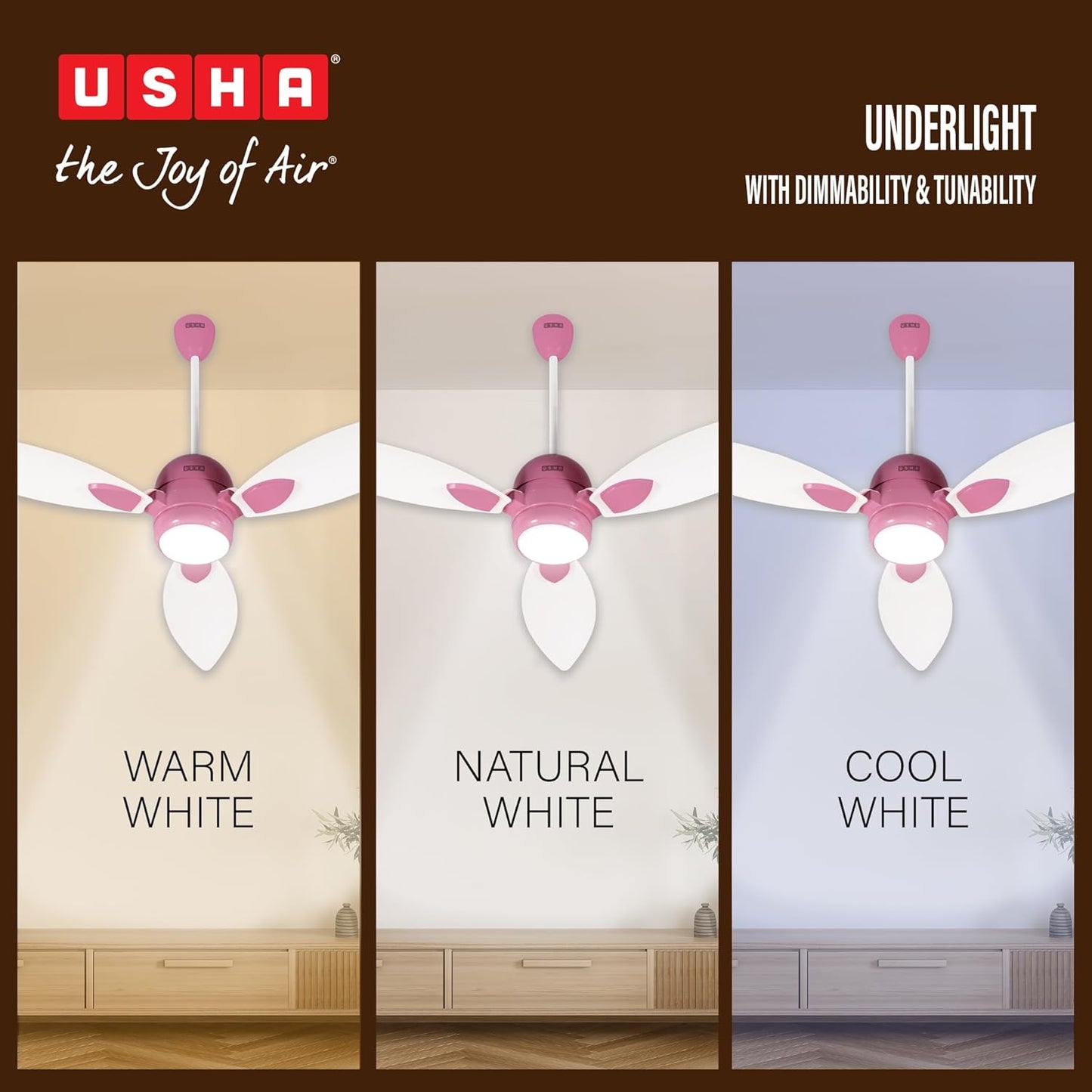 USHA New Bloom Series Sunspire Glow (Inspired by Sunflower) BLDC Ceiling Fan with Underlight with 3 Modes | RF Remote | Whisper-Quiet | Dust-Resistant (White & Light Pink)