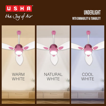 USHA New Bloom Series Sunspire Glow (Inspired by Sunflower) BLDC Ceiling Fan with Underlight with 3 Modes | RF Remote | Whisper-Quiet | Dust-Resistant (White & Light Pink)