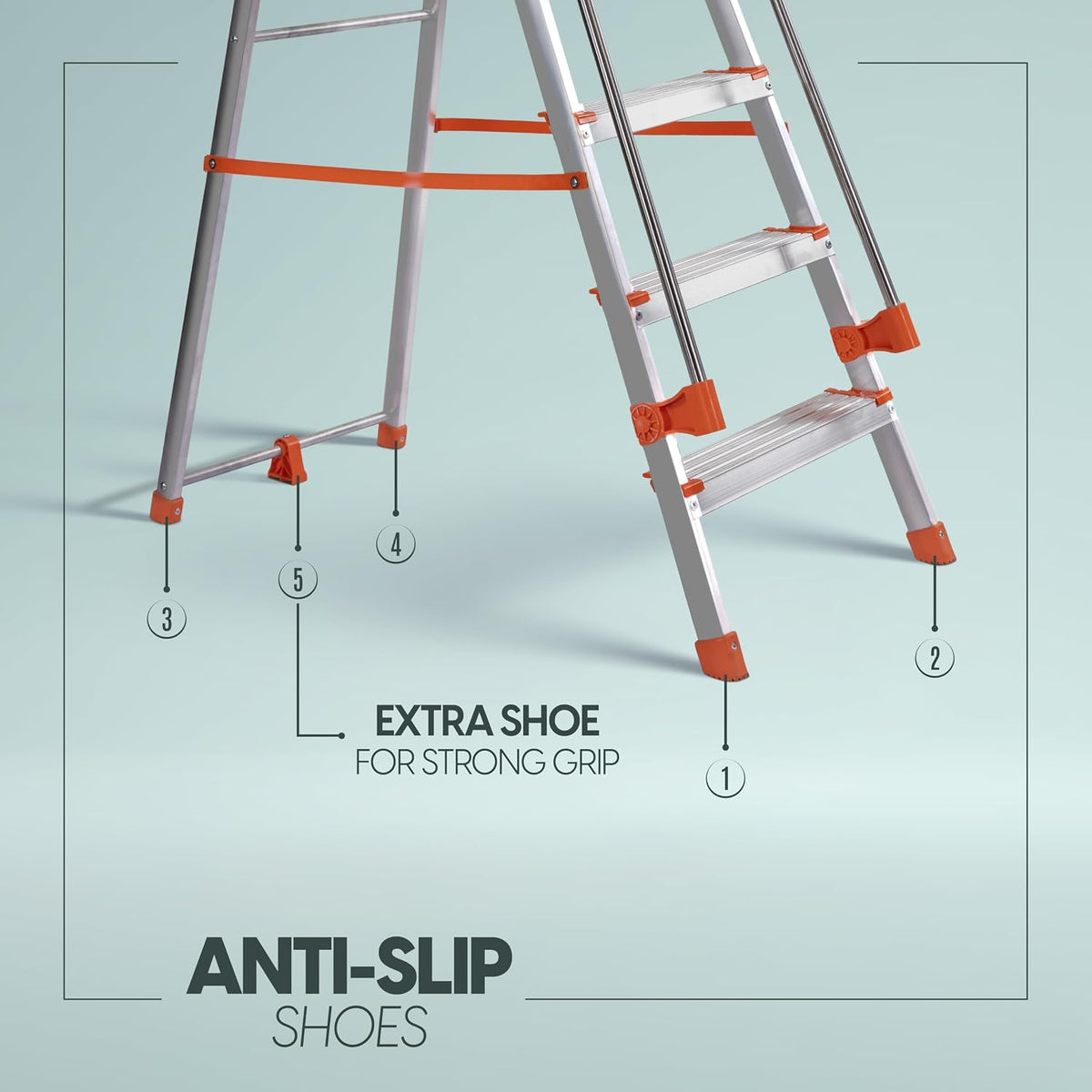 PROHOME Aluminium Ladder for Home 5 Steps Foldable with Railing & Anti-Skid Wide Steps | 5 Step Ladder for Home Use, Kitchen & Household | 250 Kg Capacity Folding Ladder | 5 Year Warranty (Orange)