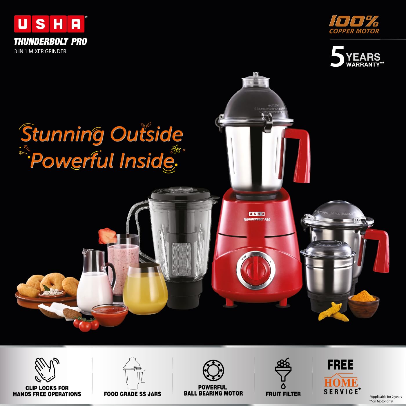 USHA Thunderbolt Pro 1000 Watts Copper Motor Mixer Grinder With 4 Jars|3 Heavy Gauge Food Grade Ss&1 Pc Transparent Break-Resistant Blender Jar With Fruit Filter|2 Yr Product&5Yrs Motor Warranty(Red)