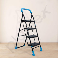 Plantex Stylo Heavy-Duty Mild-Steel Folding 4 Step Ladder for Home with Advanced Locking System/Wide Anti-Skid Step Ladder (Black & Blue)