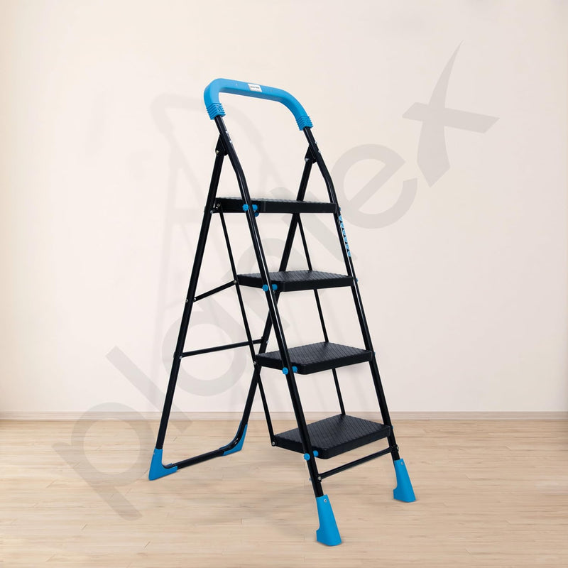 Plantex Stylo Heavy-Duty Mild-Steel Folding 4 Step Ladder for Home with Advanced Locking System/Wide Anti-Skid Step Ladder (Black & Blue)