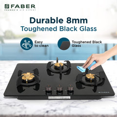 Faber 3 Burner 70Cm HOB |Auto Ignition | HOB PRIME HT703 CRS BR CI AI |Metal Knobs| Cast Iron Pan Support |HOB/Cooktop H