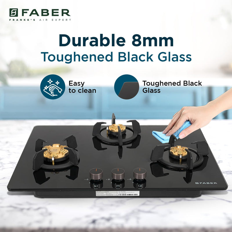 Faber 3 Burner 70Cm HOB |Auto Ignition | HOB PRIME HT703 CRS BR CI AI |Metal Knobs| Cast Iron Pan Support |HOB/Cooktop H