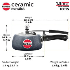 Hawkins 1.5 Litre Ceramic Nonstick Pressure Cooker, Induction Inner Lid Baby Cooker, Granite Contura shaped Cooker, Blue (ICC15)