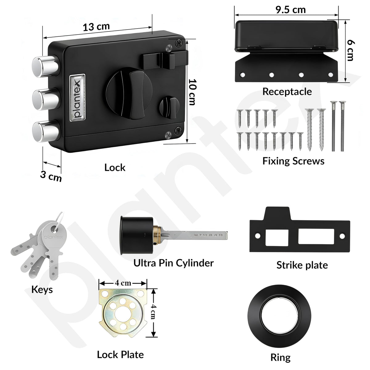 Plantex Brass Tri-Bolt Lock for Main Door/Heavy Duty Door Lock with 4 Keys/Suitable On Single Door for Home/Office/Hotel - Pack of 1 (Z-Black) (Model APS-TB-1384)-6