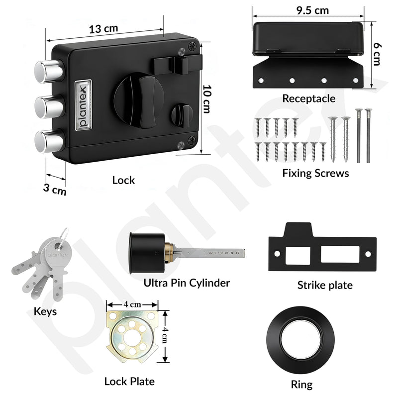 Plantex Brass Tri-Bolt Lock for Main Door/Heavy Duty Door Lock with 4 Keys/Suitable On Single Door for Home/Office/Hotel - Pack of 1 (Z-Black) (Model APS-TB-1384)-6