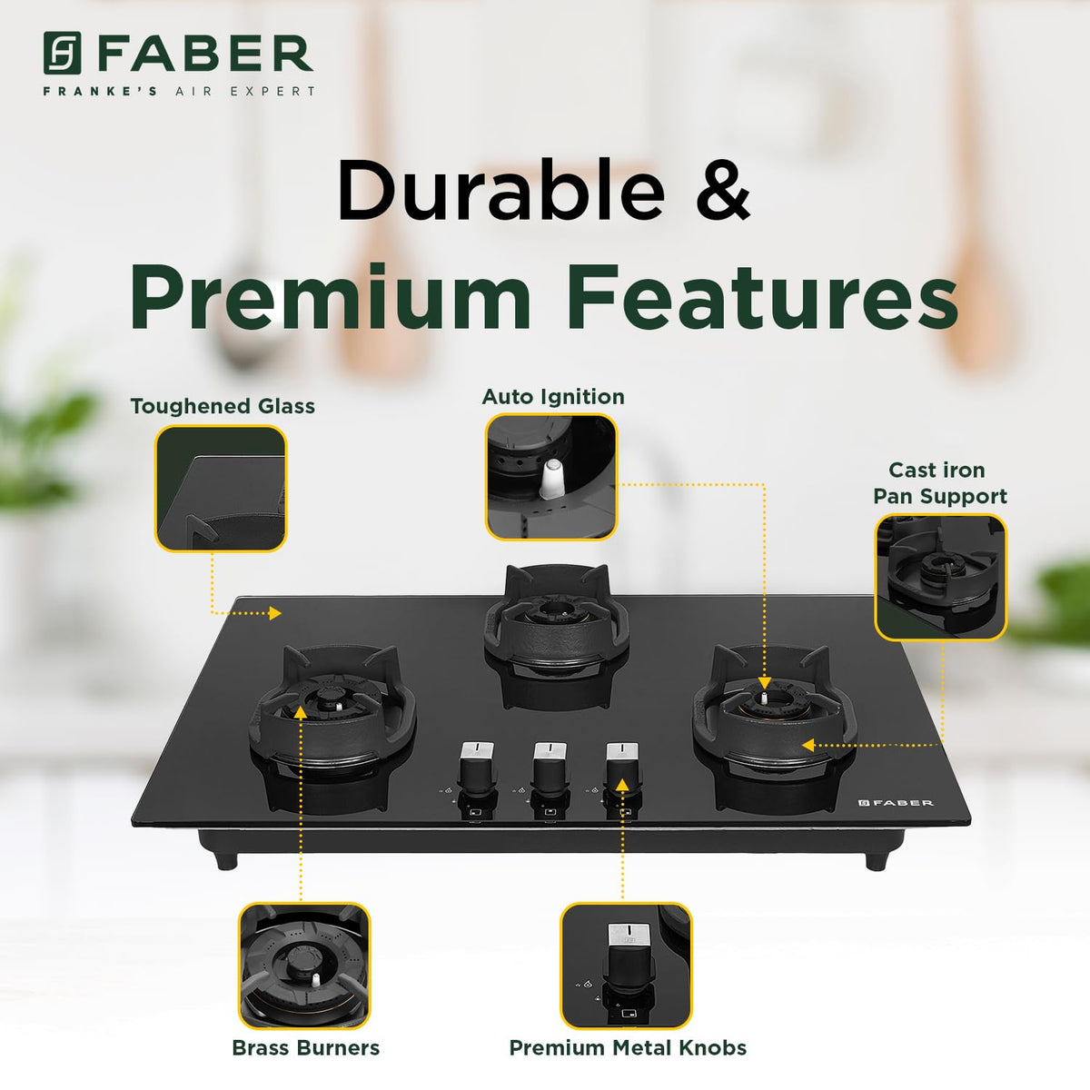 Faber 3 Burner 78cm Eros Hob |Auto-Ignition|Metal Knobs| Cast Iron Pan Support |Hob/Cooktop Hybrid| Black Glass Finish |