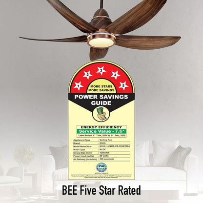 KUHL Luxus C5 1200mm Stylish 65% Power Saving BLDC Ceiling Fan with Remote | Night & Down Light | 29W | BEE 5 Star | Low Noise | IoT –Operate via Mobile & Alexa|Reverse Mode|Free Installation |Teak