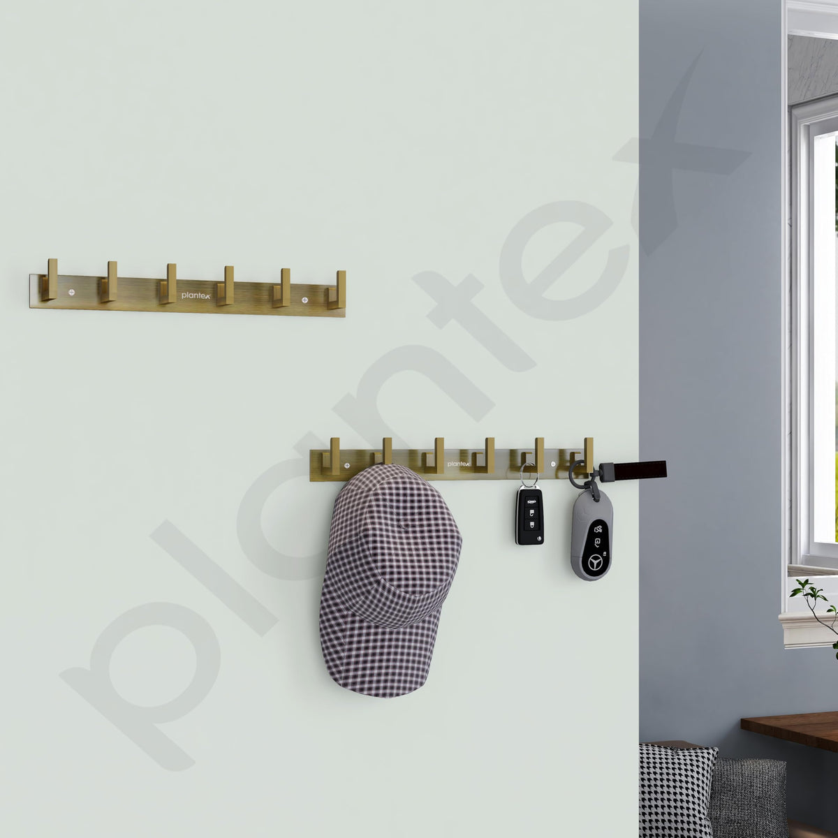 Plantex Aluminum Hook Rail with L-Shape Hooks for Walls of Bathroom/KitchenHook Rail Bar for Clothes/Towel/Keys - Pack of 3 (6 Hooks, Brass Antique)-2