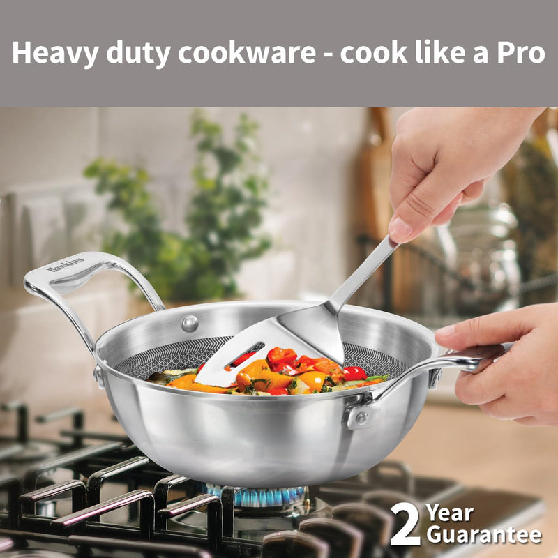 Hawkins Pro 1.5 Litre Shielded Nonstick Triply Deep-Fry Pan, Kadhai with Stainless Steel Handles and Glass Lid, Silver (PSNK15G), 18 cm
