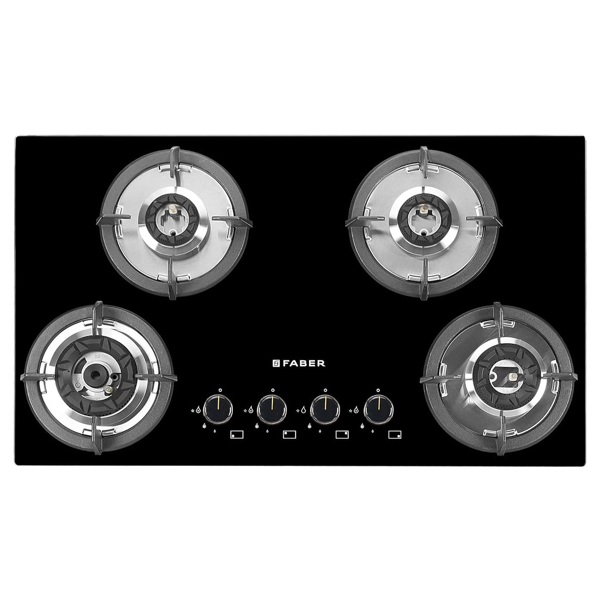 Faber Hob 76 cm 4 Burner|Auto-Ignition|Spillage Proof|Brass Burners|Metal Knobs|Pan Support|2yrs on Burner,5 Yrs Warrant