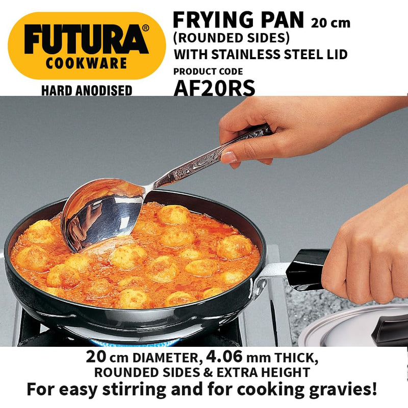 Hawkins Futura 20 cm Frying Pan, Hard Anodised Fry Pan with Stainless Steel Lid with Extra Height and Rounded Sides, Black (AF20RS)