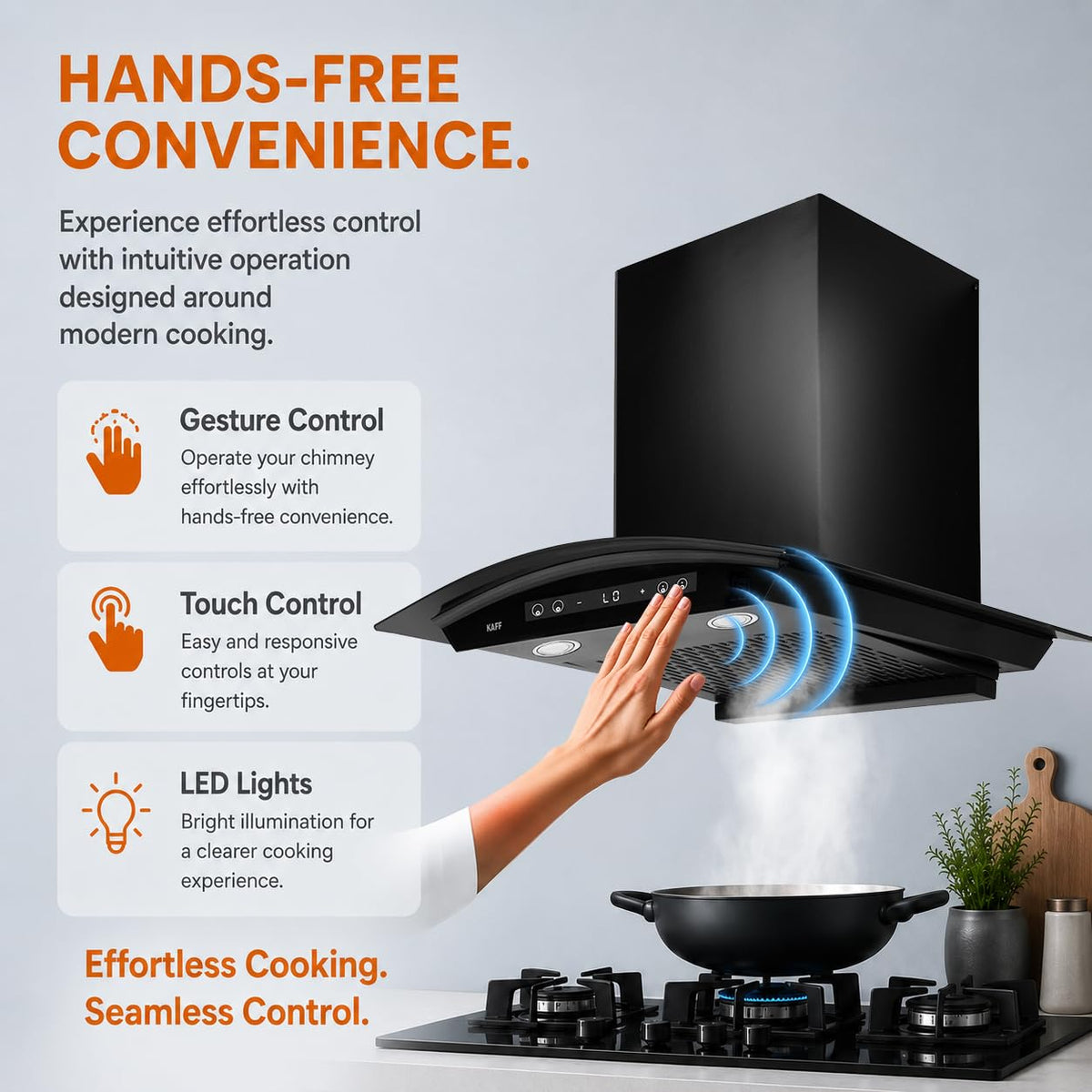 Kaff 60cm Curved BLDC Chimney, Installation Kit Included, KEC 60A-DC
