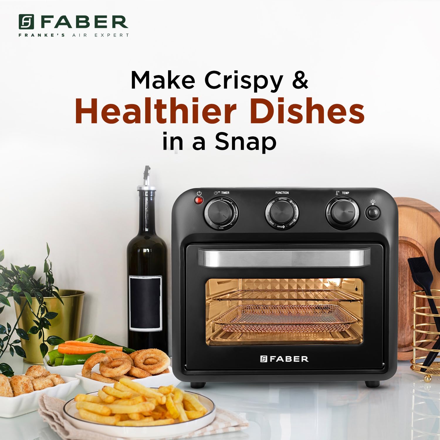 Faber 20 liter 1500 Watts Air Fryer Oven|Fry, Bake, Roast, Toast, Defrost, Grill, Reheat & Broil|85% Less Oil|Temperature & Timer Control, Preset Cooking Options, Convection Function, Auto-Off|(Black)