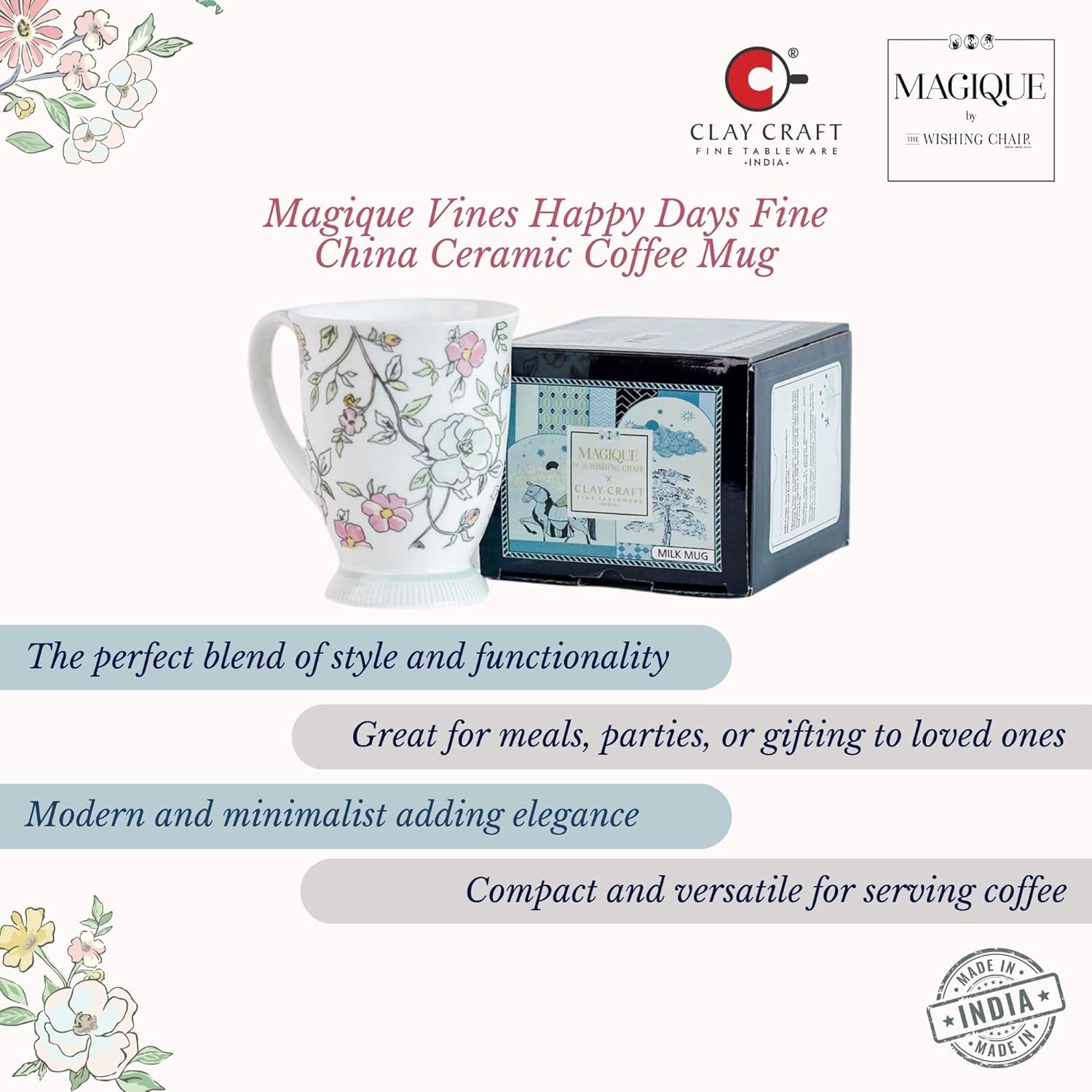Magique by The Wishing Chair x ClayCraft : Vines Happy Days Ceramic Coffee Mug 300ml | Fine China Floral Milk Tea Cup | Microwave & Dishwasher Safe | Elegant Mug for Home Office Gifting