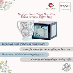 Magique by The Wishing Chair x ClayCraft : Vines Happy Days Ceramic Coffee Mug 300ml | Fine China Floral Milk Tea Cup | Microwave & Dishwasher Safe | Elegant Mug for Home Office Gifting