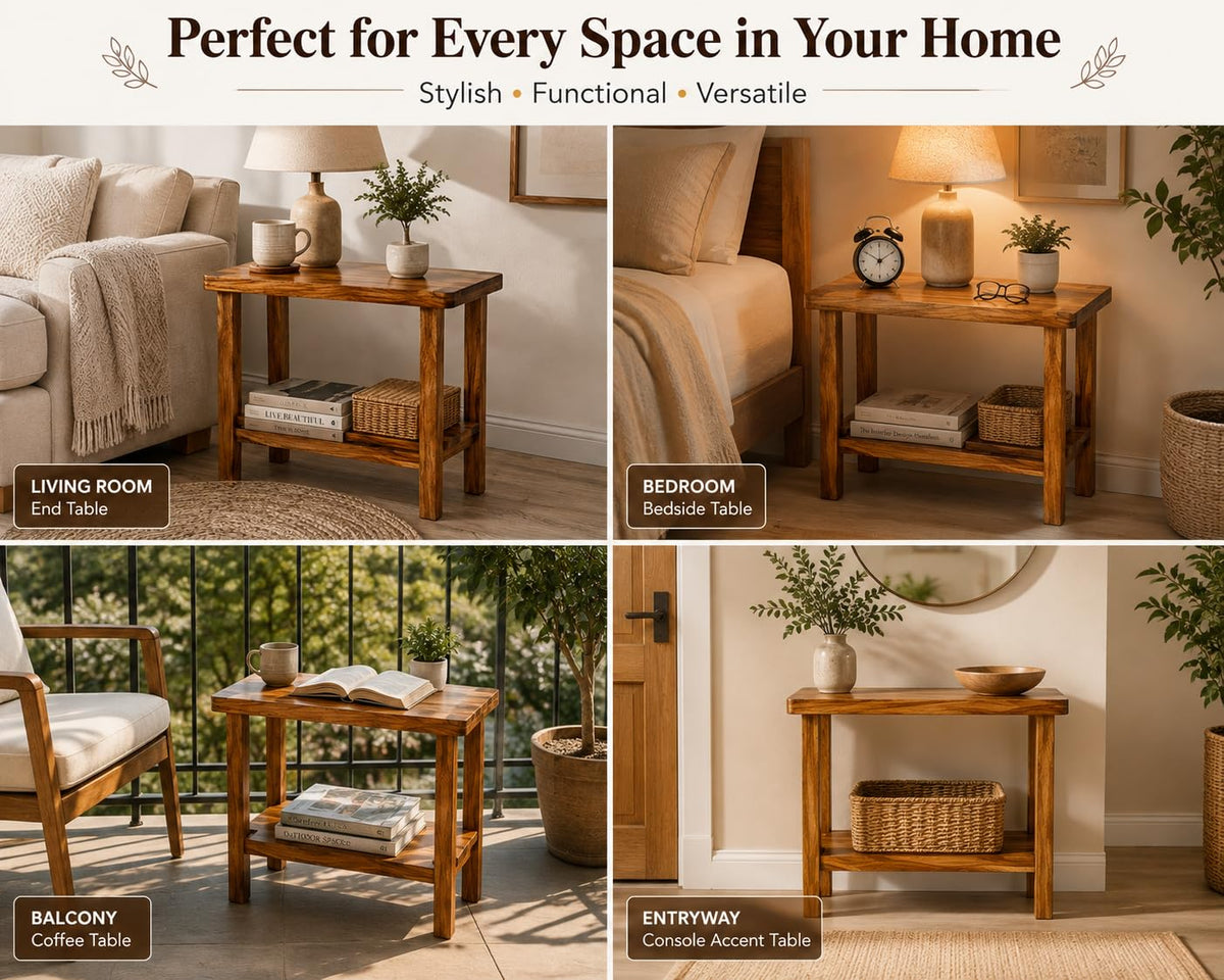 Solid Sheesham Wood C Shape Side Table for Living Room | Modern Sofa End Table | Wooden Laptop Table for Bed | 