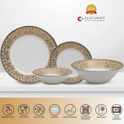 Clay Craft Fine Ceramic Ebony Dinner Set, Enchanting Gold, for Family of 4, Dinner Set Ceramic, Crockery Set, Dining Set for Dinner, Crockery Set for Gift, Kitchen Set (13 Pieces, E649)