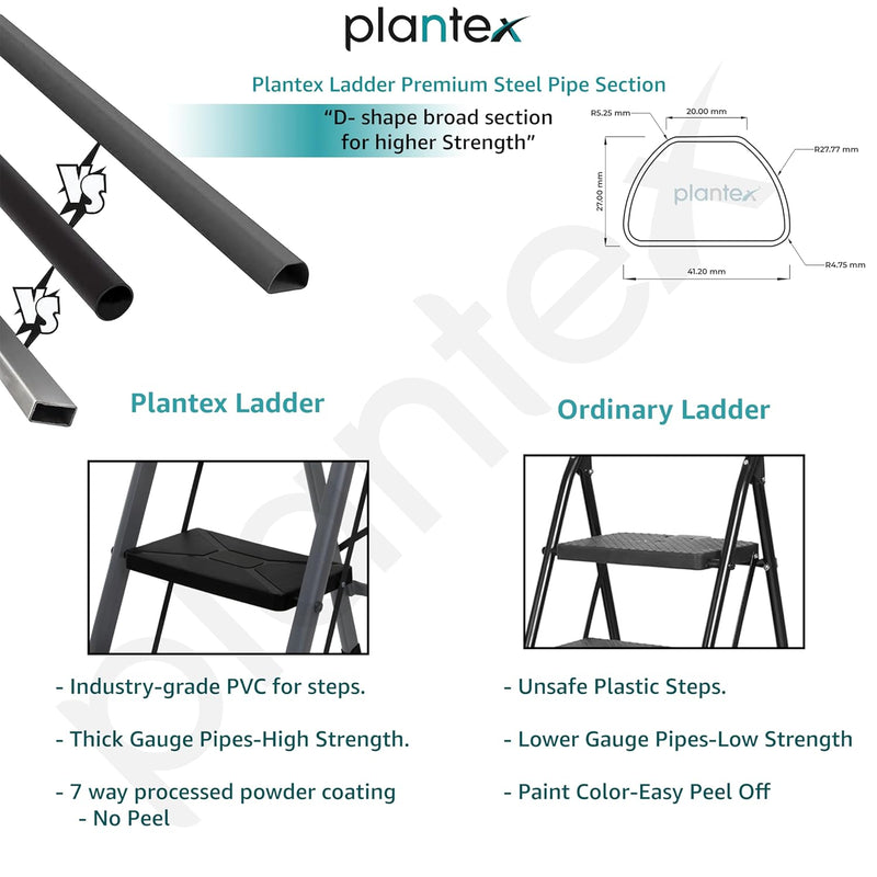 Plantex GI Steel 4-Step Ladder for Home/Easy to fold/Anti-Skid Wide Steps Ladder - (Aura, Black & Grey)