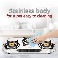 Faber high efficiency 3 Brass Burner gas stove|| Stainless Steel|| ISI Certified gas stove, Manual Ignition, (COOKTOP CR