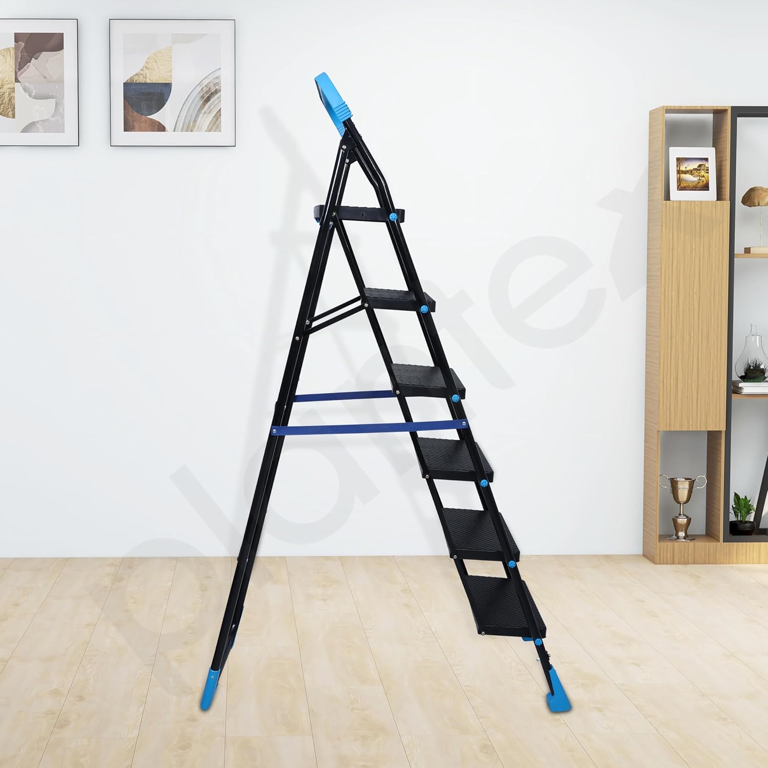Plantex Stylo Heavy-Duty Mild-Steel Folding 6 Step Ladder for Home with Advanced Locking System/Wide Anti-Skid Step Ladder (Black & Blue)