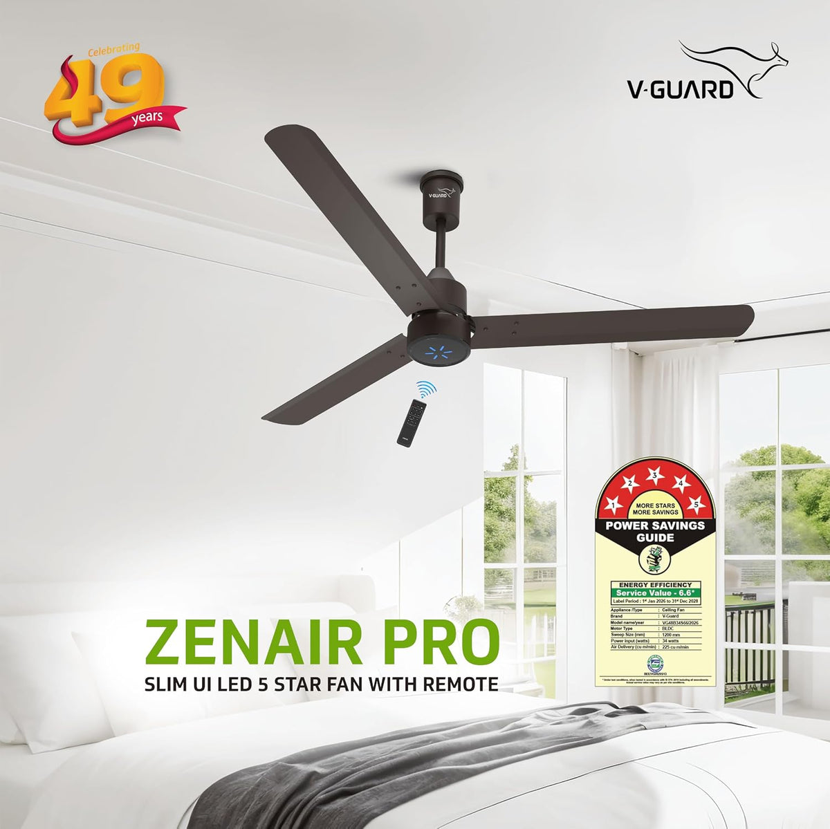 V-Guard Zenair Pro BLDC 1200 mm Ceiling Fan with LED Speed Indicator
